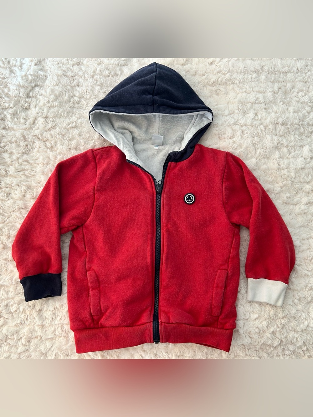 Petit Bateau Red Zip Hoodie with Navy Hood and White Lining